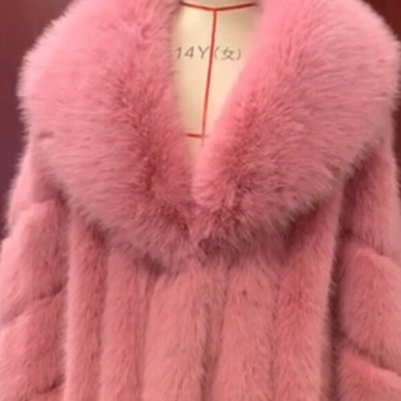 Pink Womens Luxurious Waterfall Neckline Flowy Faux Fur Long Jacket Coat - Picture 12 of 13